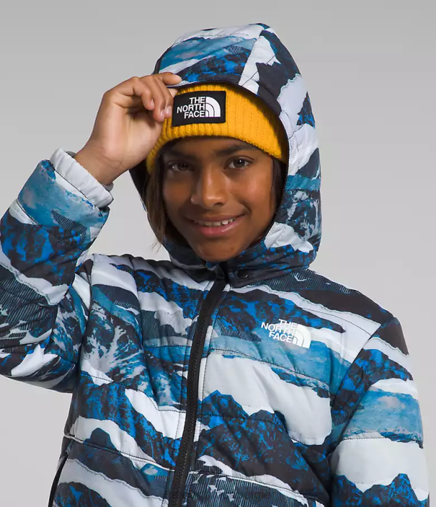 kleding 280T80 optische blauwe bergtraverseprint Omkeerbaar MT Chimbo jack met capuchon en volledige ritssluiting kinderen The North Face