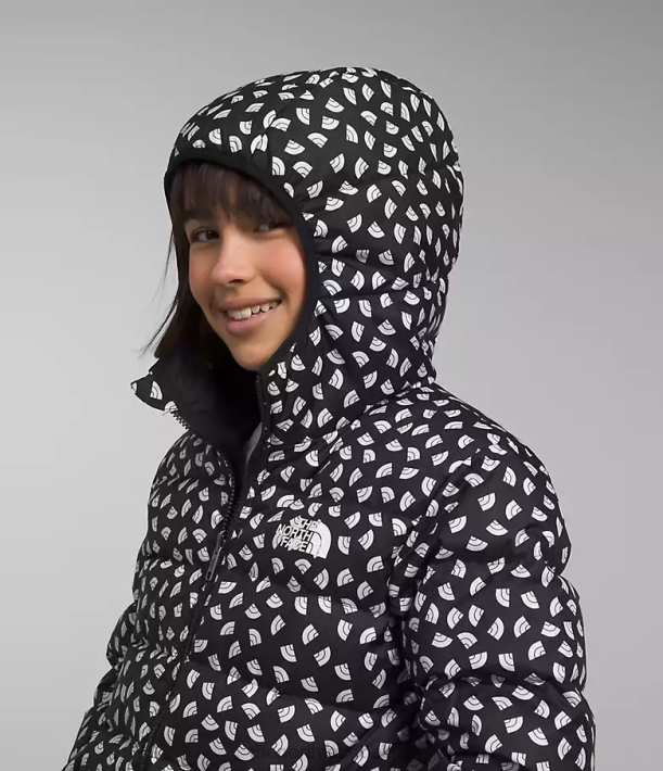 kleding 280T906 tnf zwarte tnf mini-toss-print omkeerbare North-down jas met capuchon kinderen The North Face